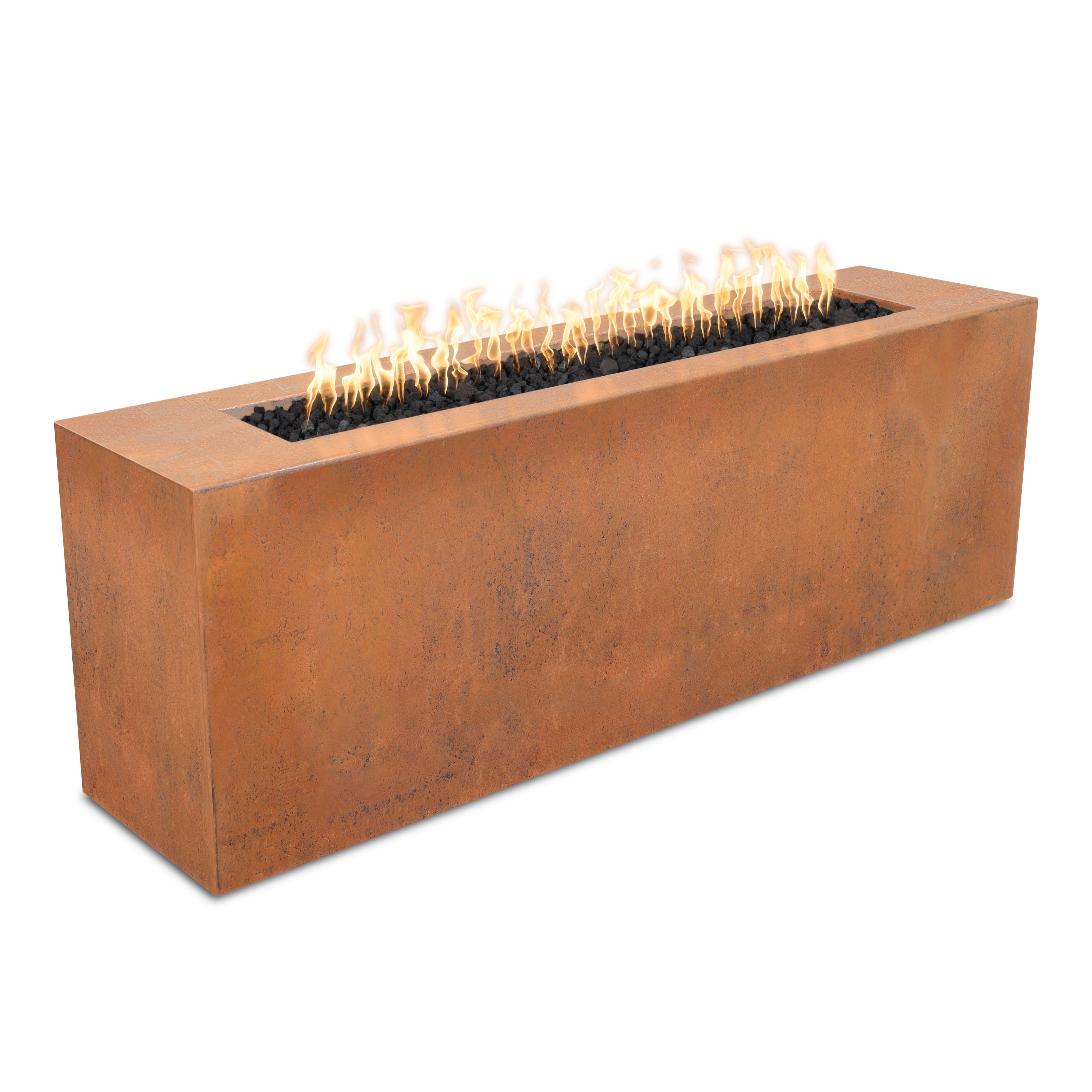 Rectangular metal fire pit with flames on a white background