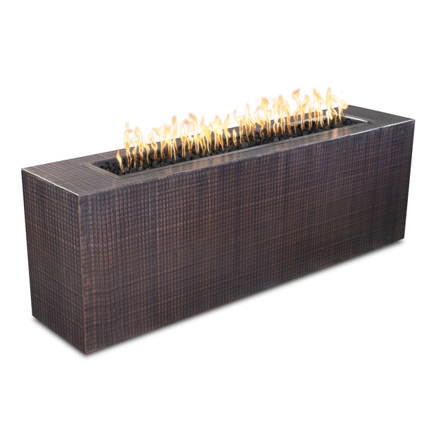 Rectangular fire pit with flames on a white background