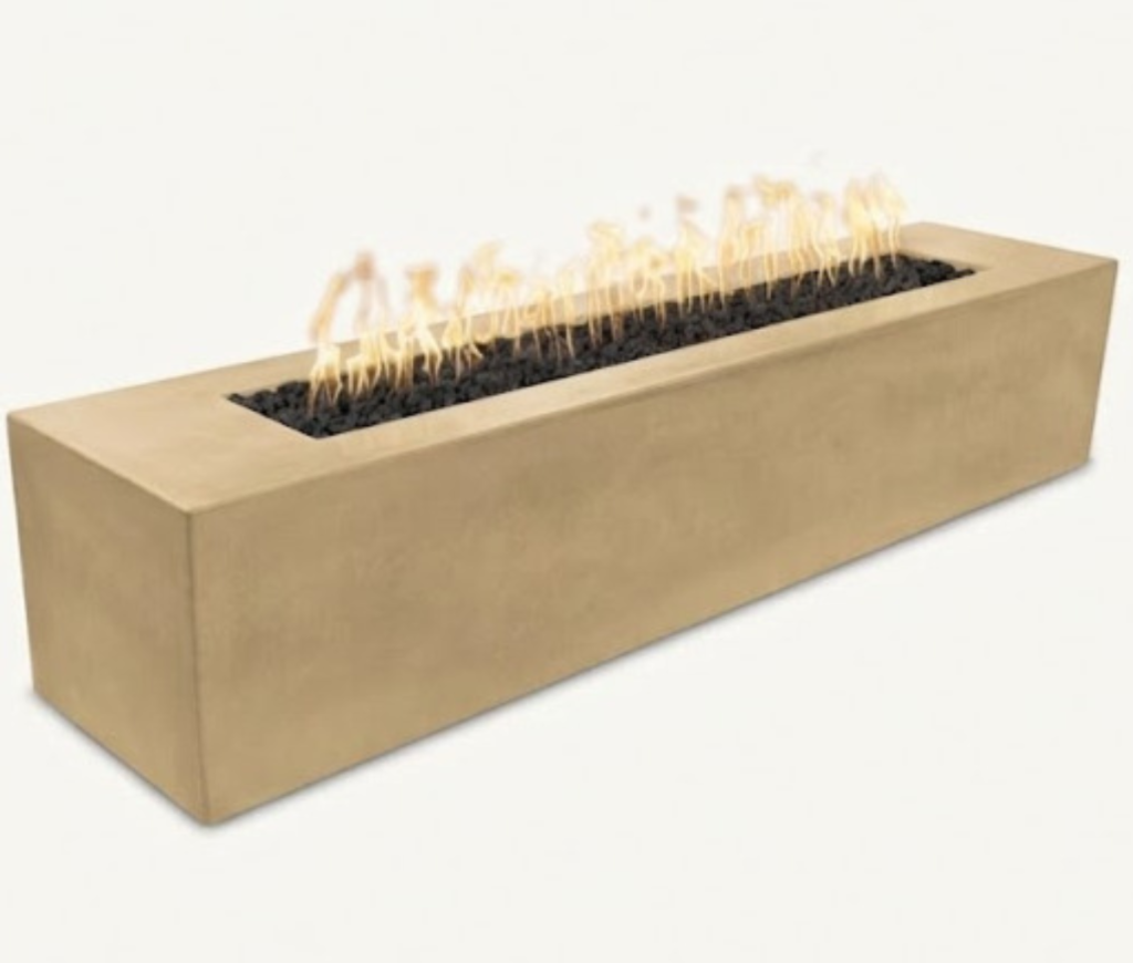 Rectangular concrete fire pit with flames on a white background