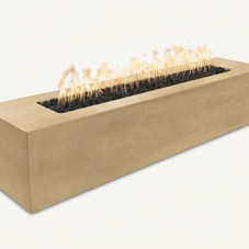 Rectangular concrete fire pit with flames on a white background