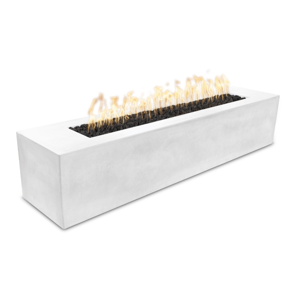 Rectangular outdoor fire pit with flames on a white background