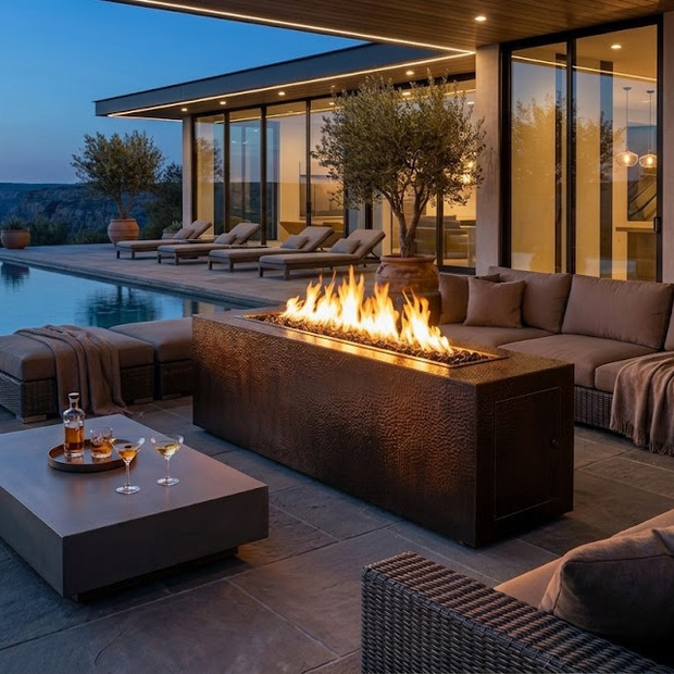 Outdoor patio with fire pit, pool, and modern furniture at dusk.