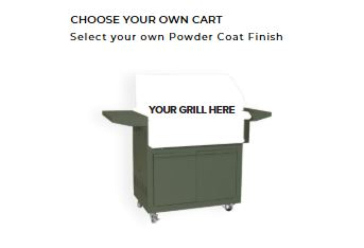 Custom grill cart with powder coat finish options on a white background