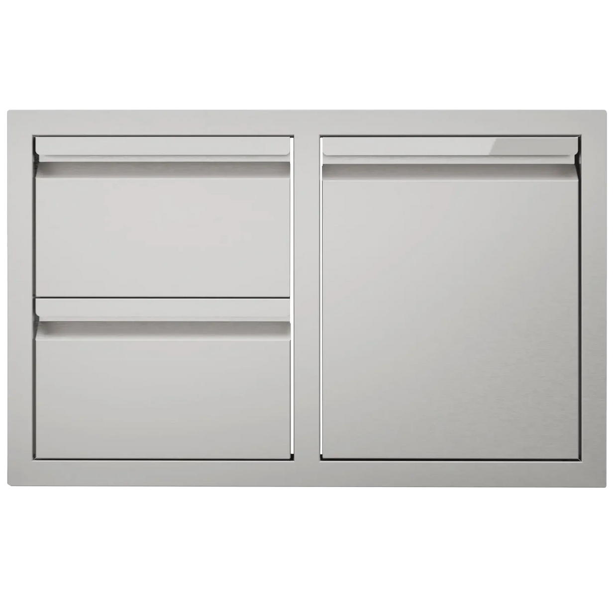 Stainless steel outdoor kitchen cabinet with two doors and drawers on a white background