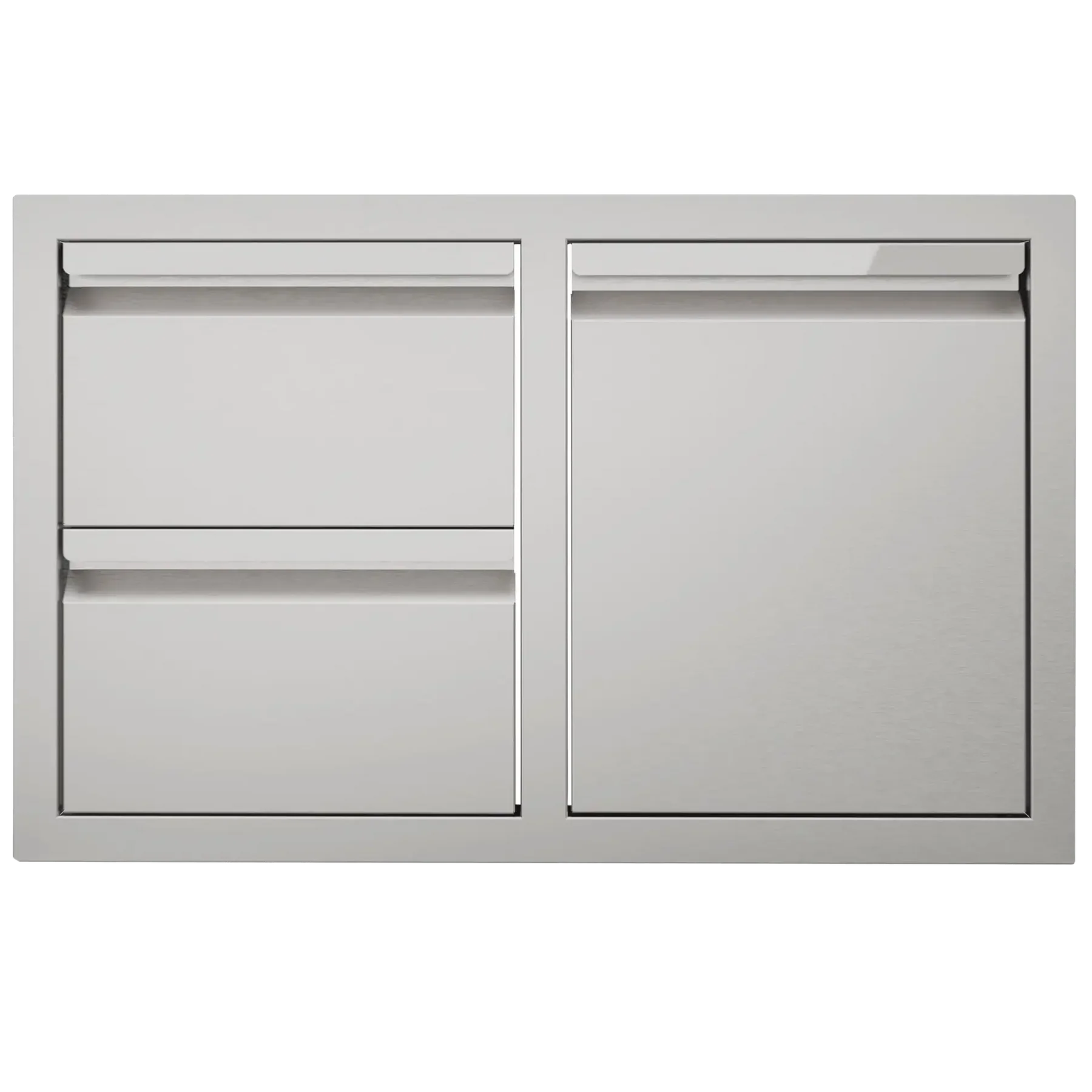Stainless steel outdoor kitchen cabinet with two doors and drawers on a white background