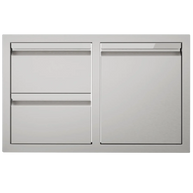 Stainless steel outdoor kitchen cabinet with two doors and drawers on a white background