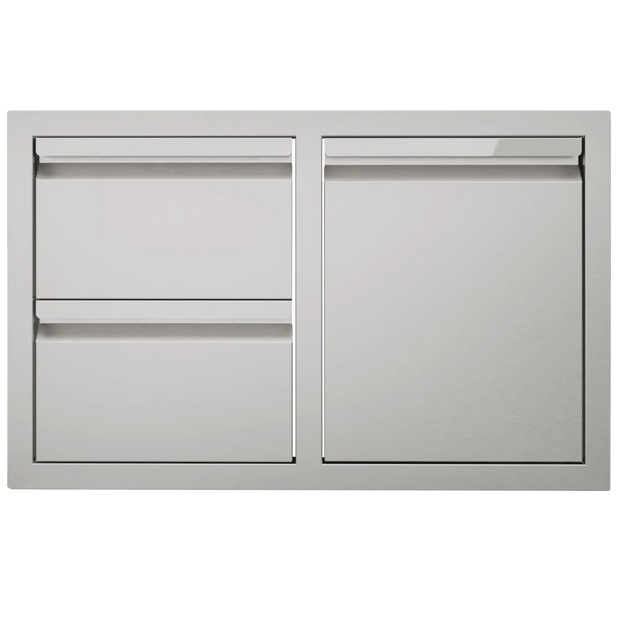 Stainless steel outdoor kitchen cabinet with two doors and drawers on a white background