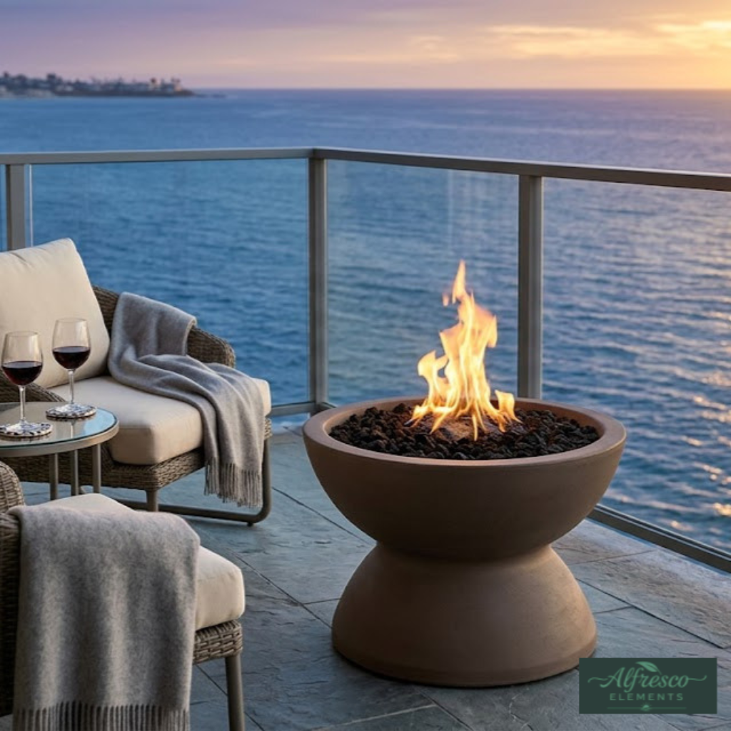 Outdoor setting with a fire pit, chairs, and wine glasses on a balcony overlooking the ocean.