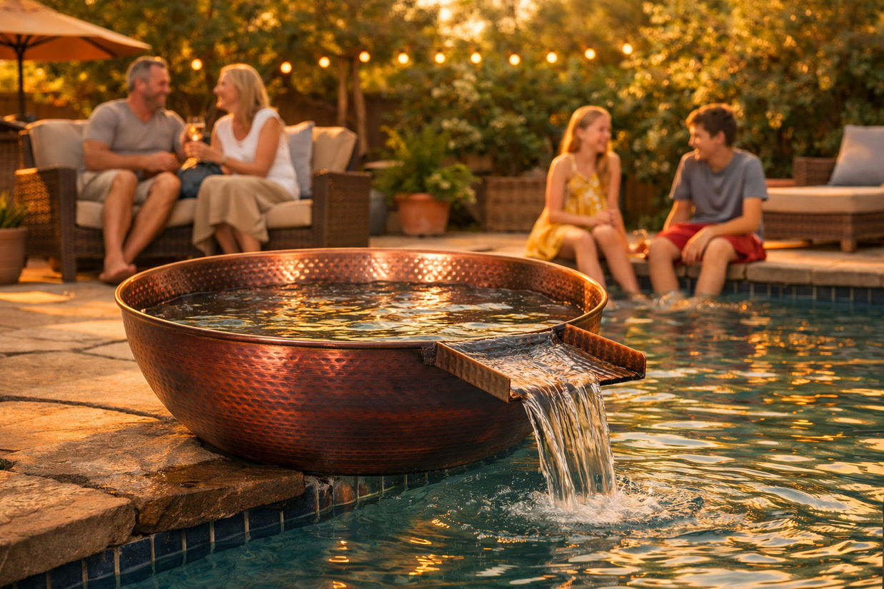 Family enjoying a poolside gathering with a decorative water feature.