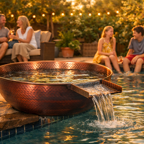 Family enjoying a poolside gathering with a decorative water feature.