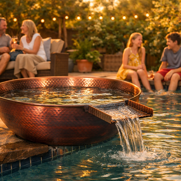 Family enjoying a poolside gathering with a decorative water feature.