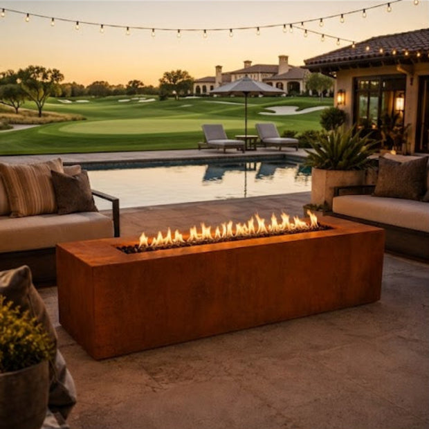 Outdoor patio with fire pit, pool, and golf course view
