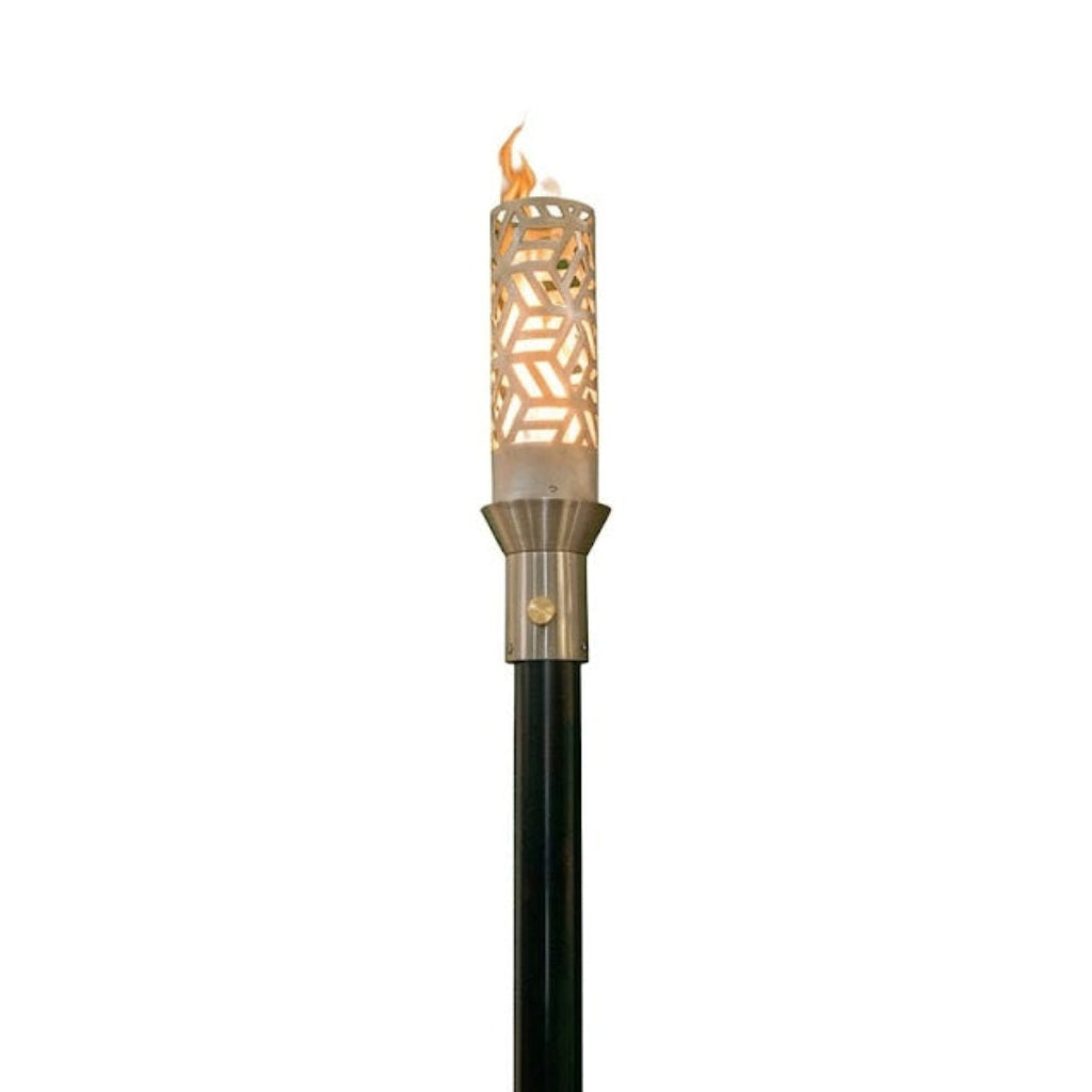 Geometric 304 Stainless Steel Cubist Torch head and 68-inch mounting post by The Outdoor Plus on a white background