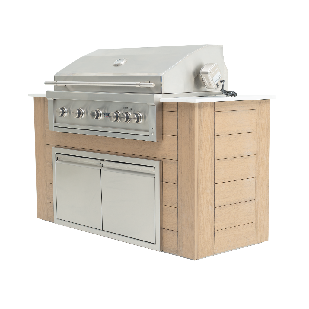 Outdoor kitchen grill with wooden cabinets on a white background