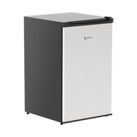 Small refrigerator with a black top and white bottom on a white background