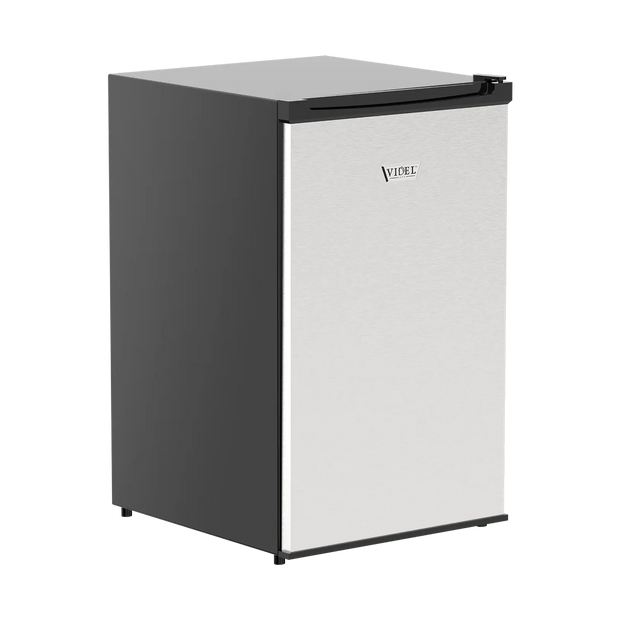 Small refrigerator with a black top and white bottom on a white background