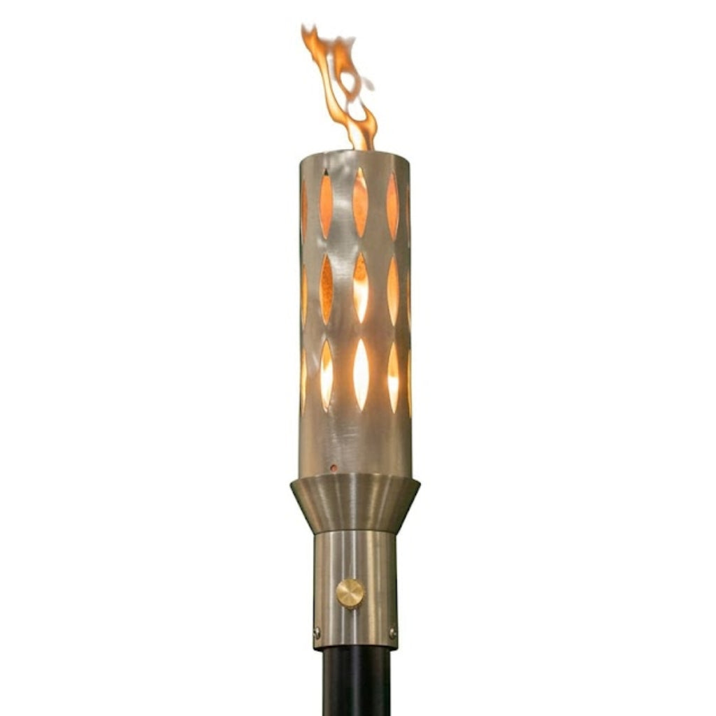 Sleek Ellipse 304 Stainless Steel Torch head and 68-inch mounting post by The Outdoor Plus on white back ground