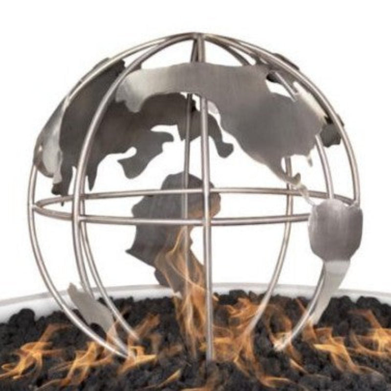Metallic globe design on a fire pit with flames at the base
