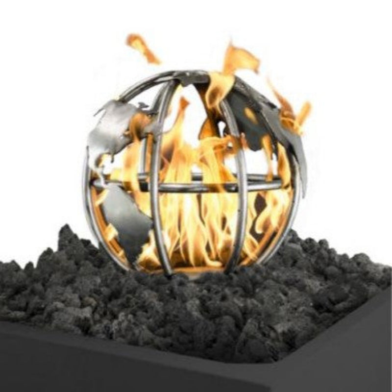 Metal fire bowl with flames on a white background