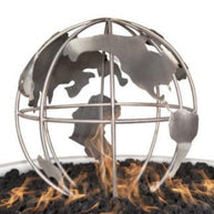 Metallic globe design on a fire pit with flames at the base