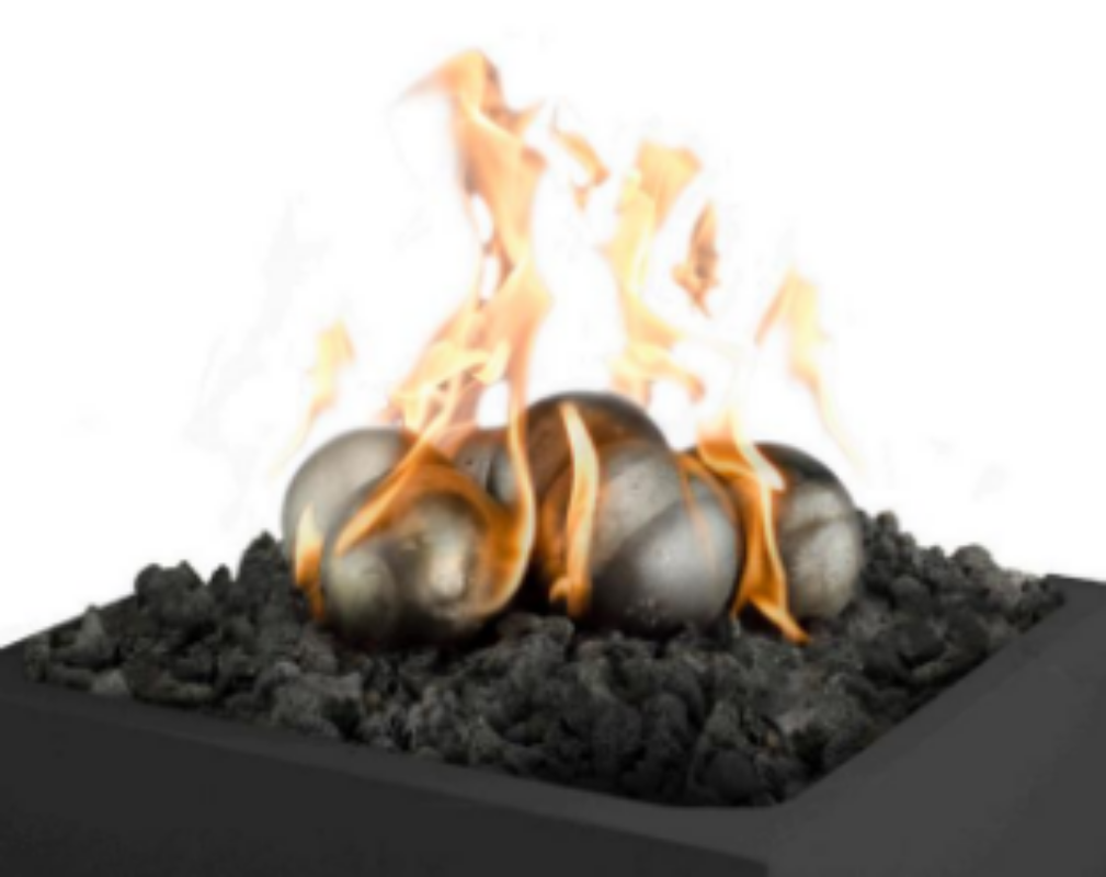 Fire pit with metallic balls and flames on a white background