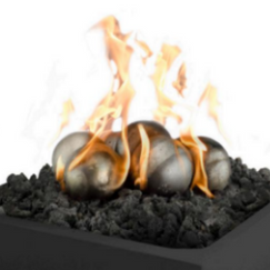 Fire pit with metallic balls and flames on a white background