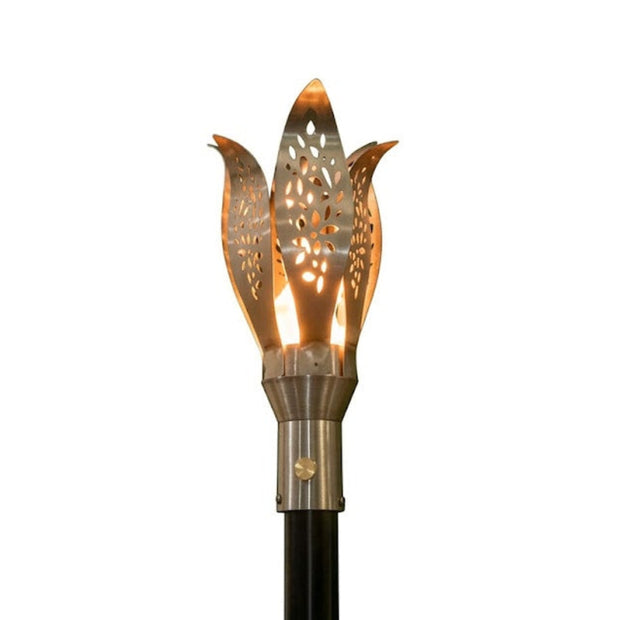 Floral-inspired 304 Stainless Steel torch head with 68-inch mounting post by The Outdoor Plus on white background