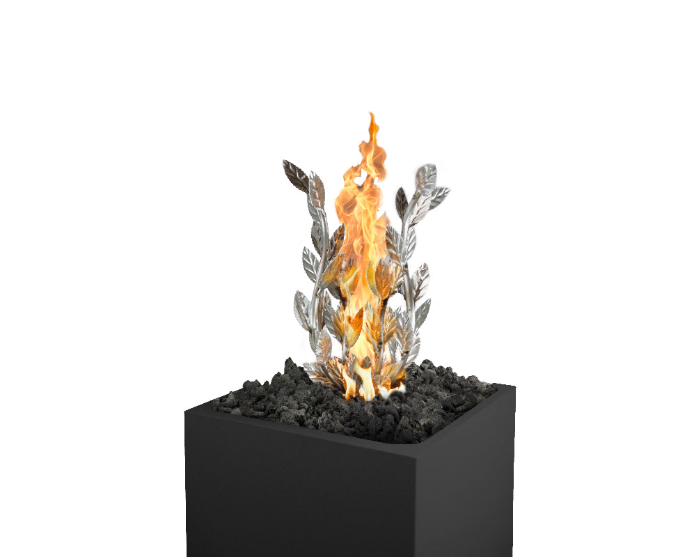 Fire pit with flames and decorative elements on a white background