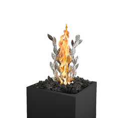 Fire pit with flames and decorative elements on a white background