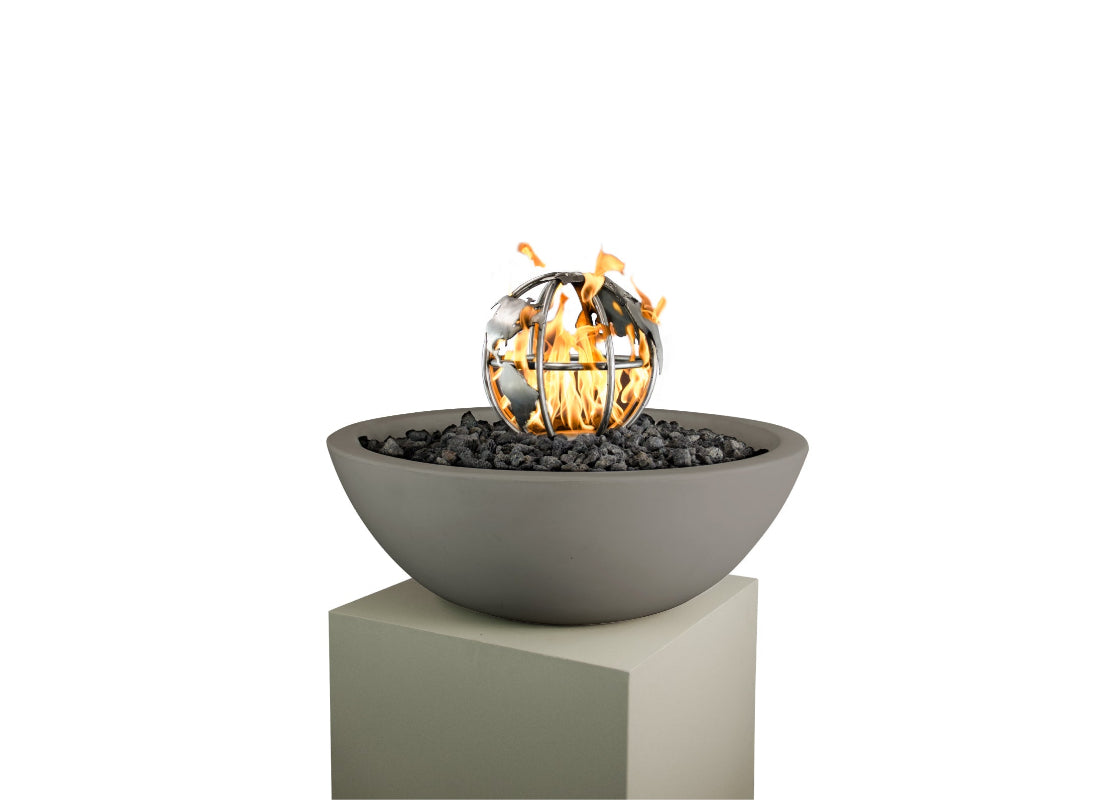 Modern outdoor fire pit with decorative fire ball on a white background