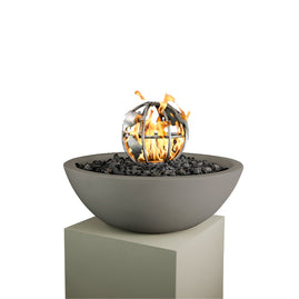 Modern outdoor fire pit with decorative fire ball on a white background