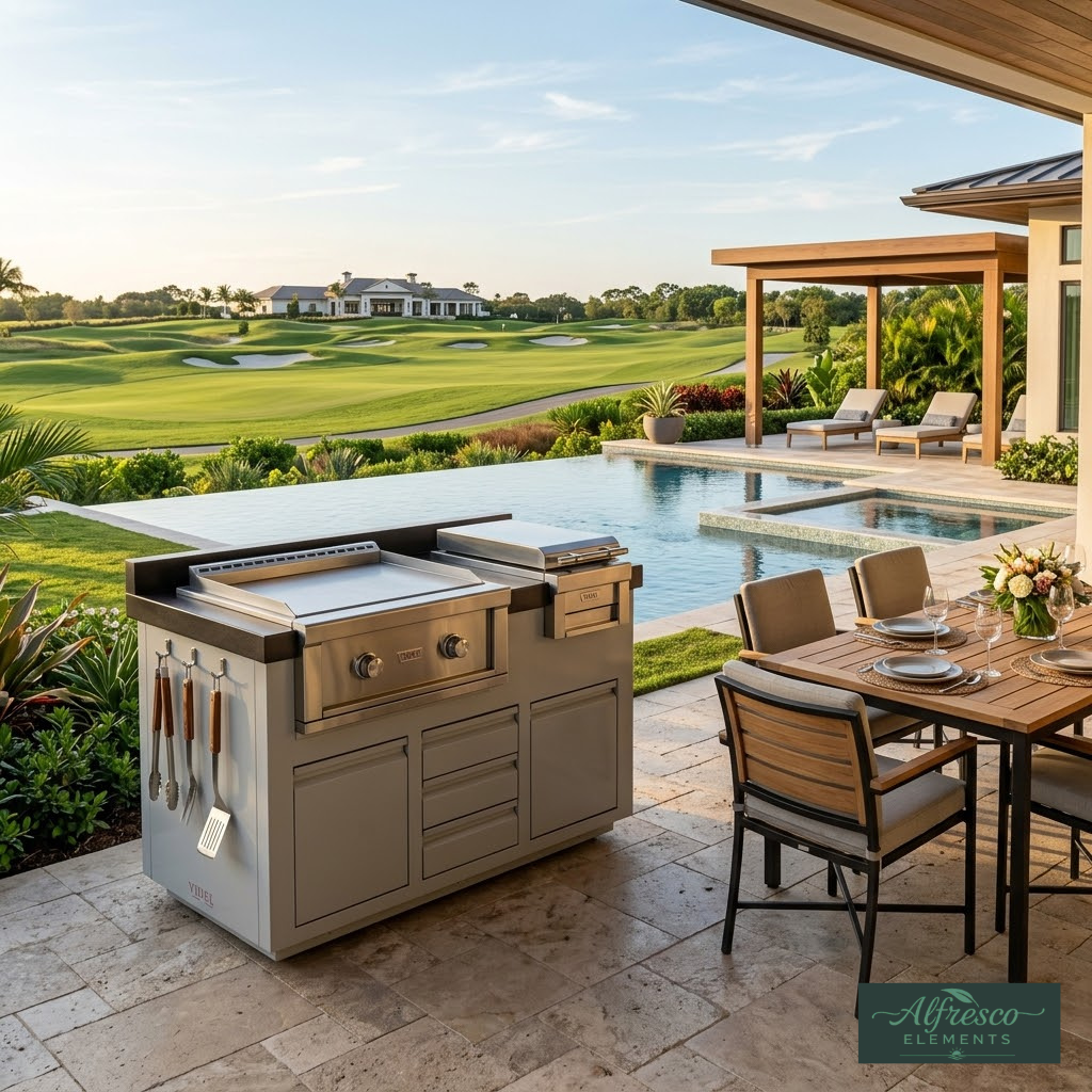 Outdoor kitchen with grill and dining area by a pool and golf course