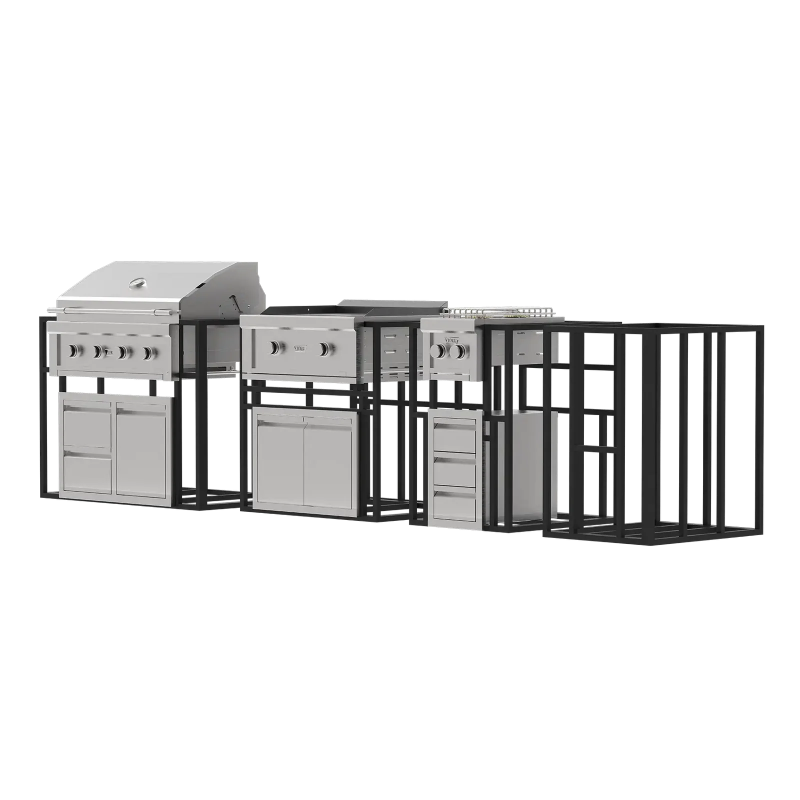 Outdoor kitchen grill and cabinets set on a white background