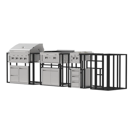 Outdoor kitchen grill and cabinets set on a white background
