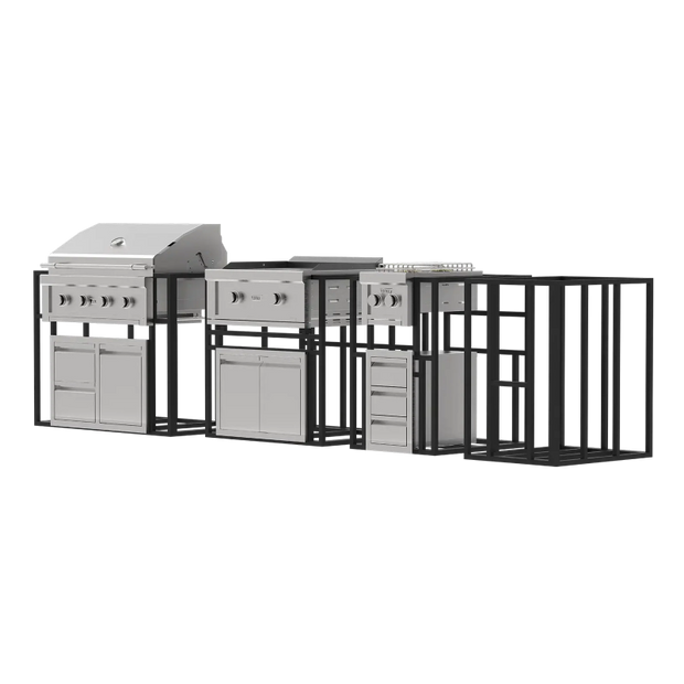 Outdoor kitchen grill and cabinets set on a white background