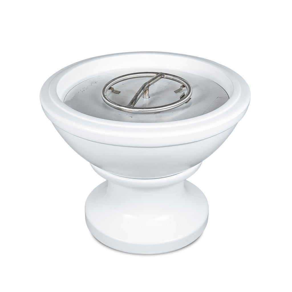 White ceramic bowl with a centralmetal fire pit insert white background