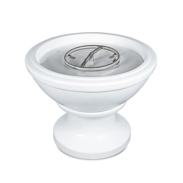 White ceramic bowl with a centralmetal fire pit insert white background