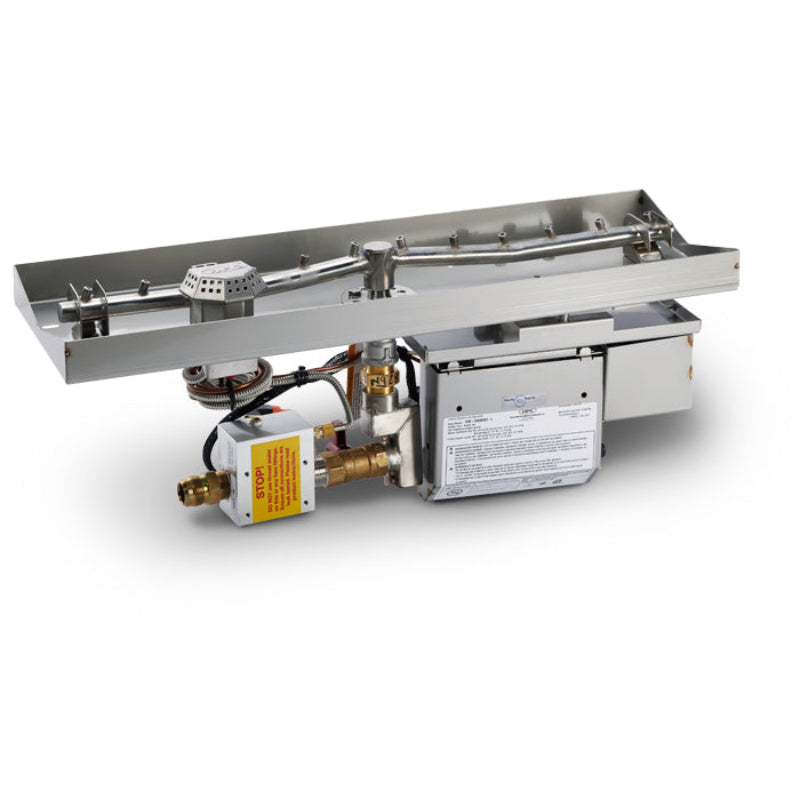Stainless steel gas cooktop with control panel on a white background