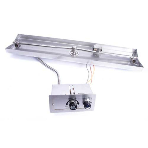 Metallic light fixture with control panel on a white background