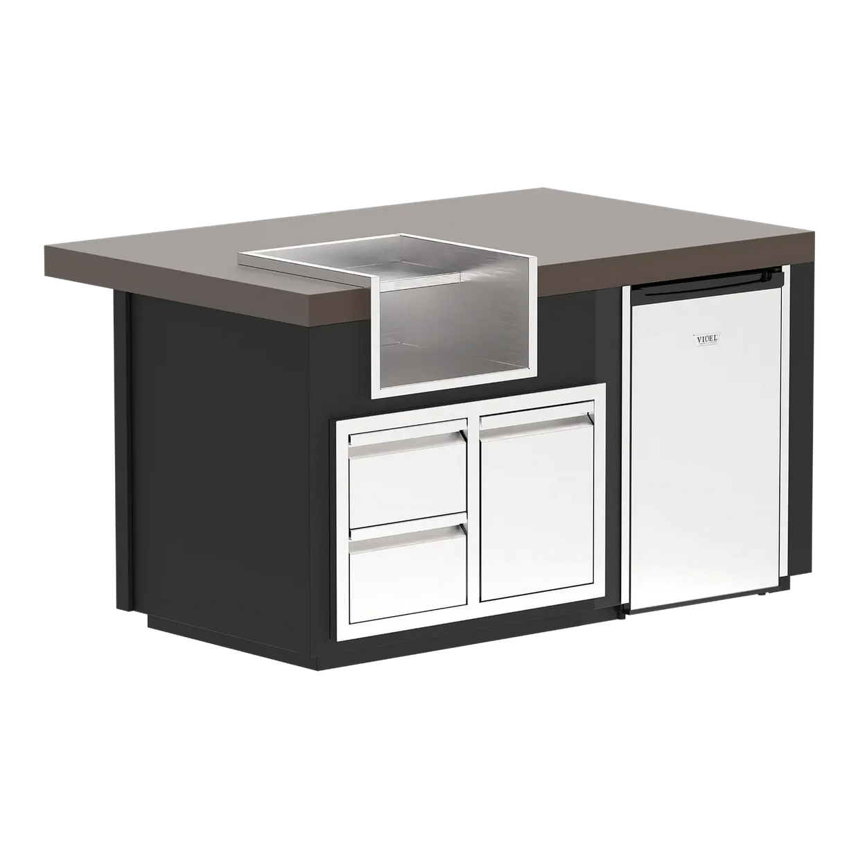 Modern kitchen island with countertop, ice bin, and cabinets on a white background