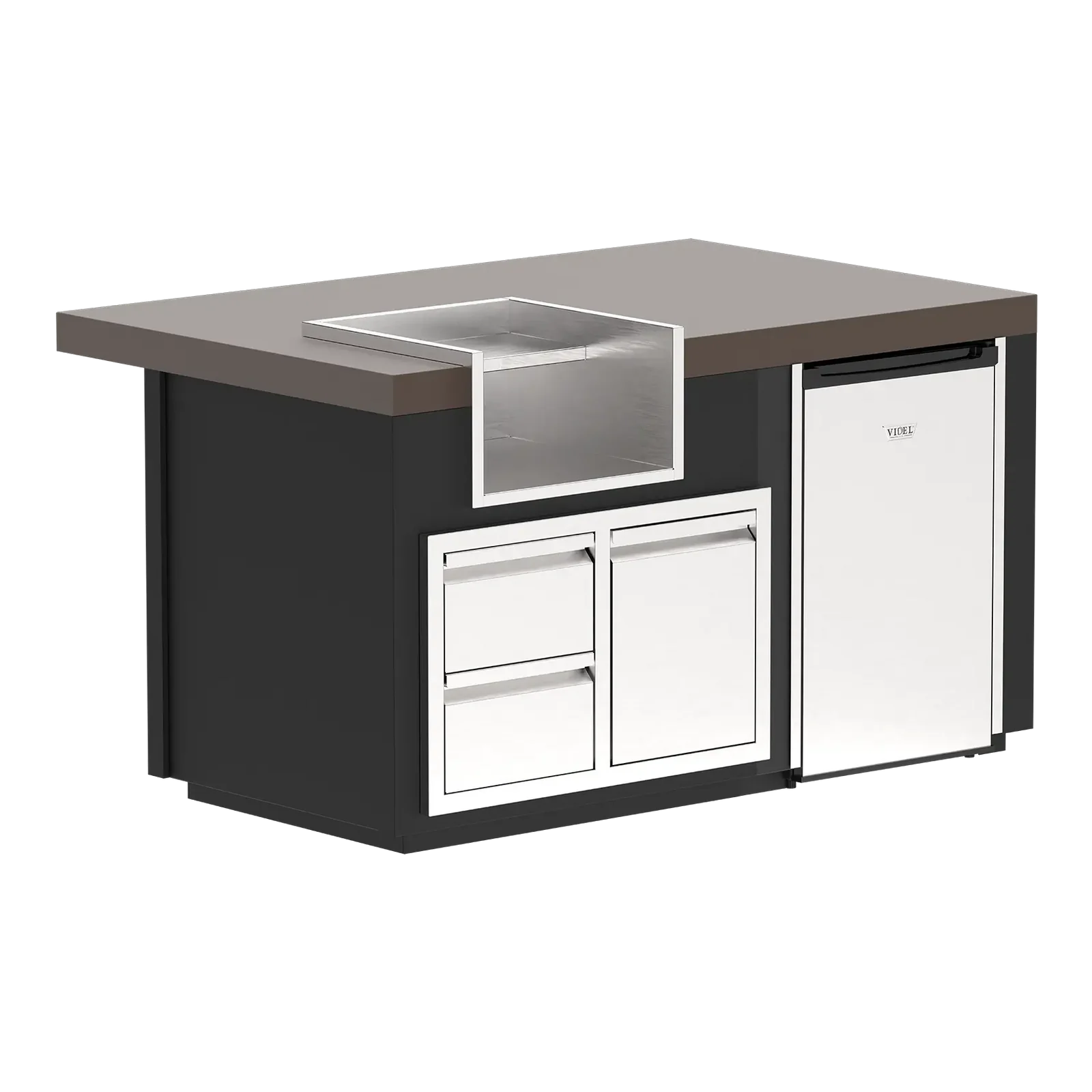 Modern kitchen island with countertop, ice bin, and cabinets on a white background