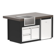 Modern kitchen island with countertop, ice bin, and cabinets on a white background