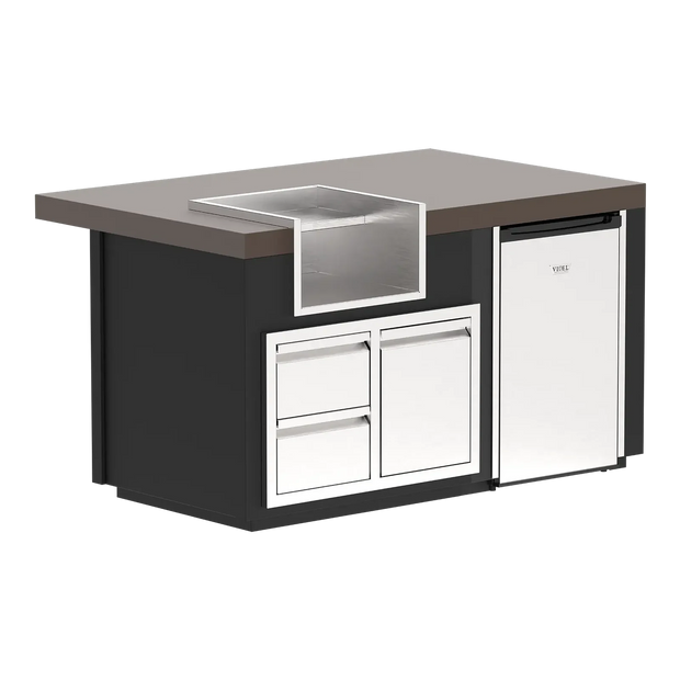 Modern kitchen island with countertop, ice bin, and cabinets on a white background
