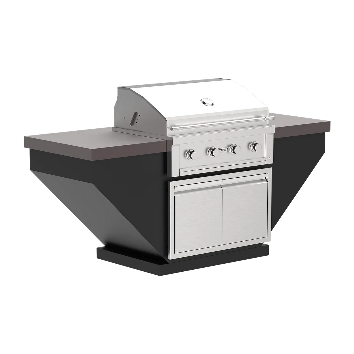 Outdoor kitchen island with grill and cabinets on a white background
