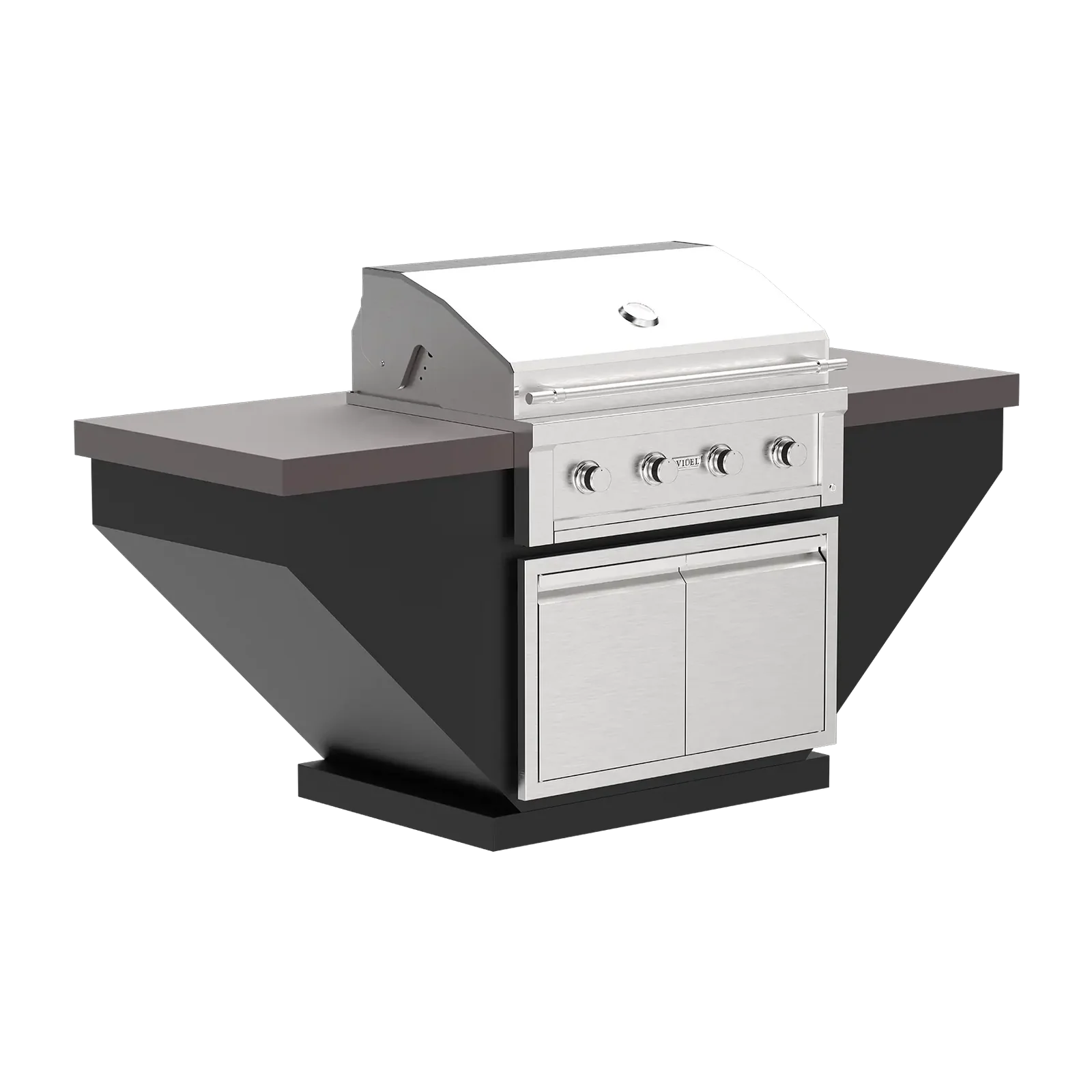 Outdoor kitchen island with grill and cabinets on a white background