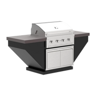Outdoor kitchen island with grill and cabinets on a white background