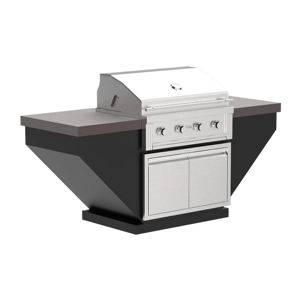 Outdoor kitchen island with grill and cabinets on a white background