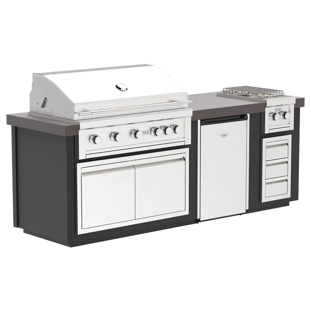 Outdoor kitchen island with grill, refrigerator, side burner with drawers and cabinets on a white background