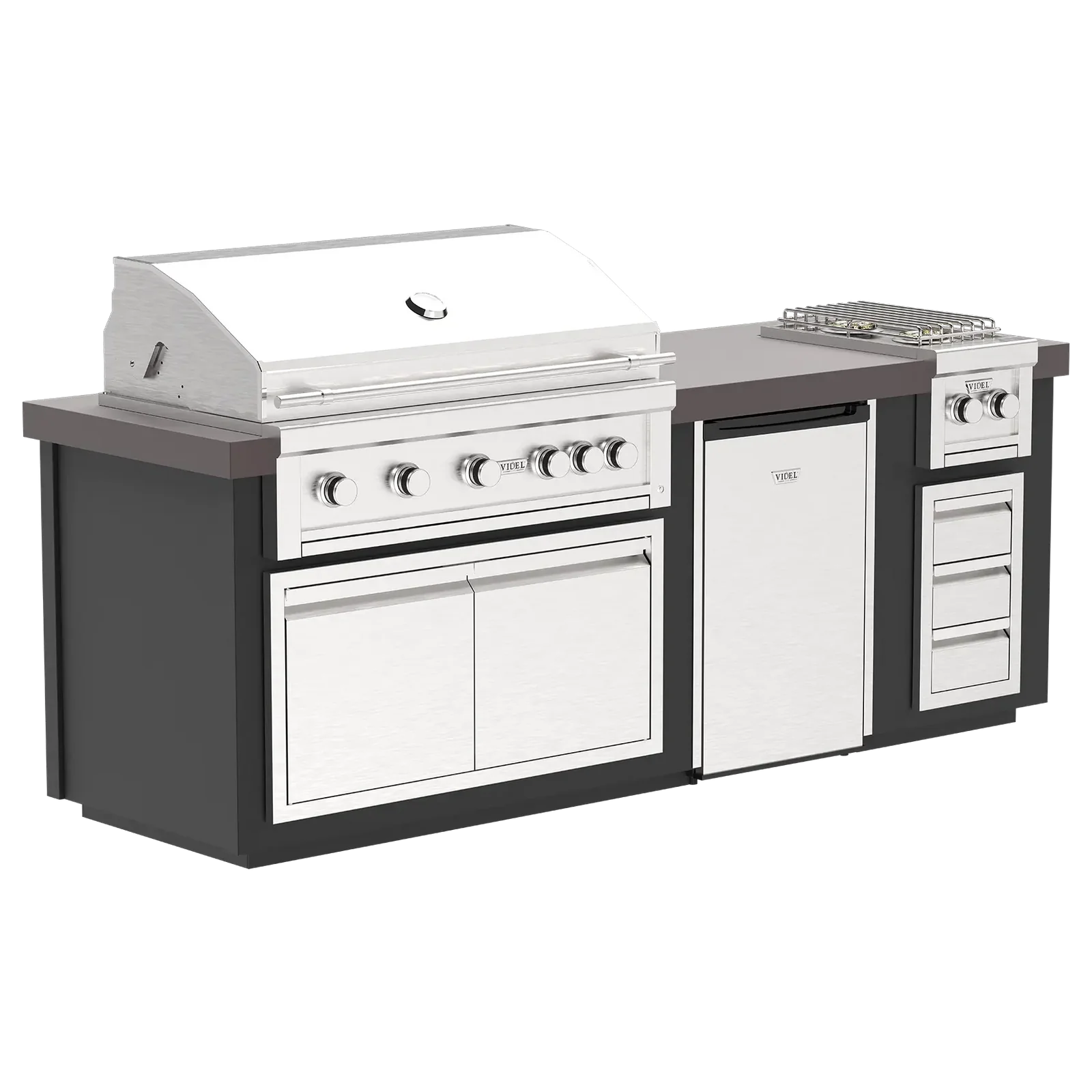 Outdoor kitchen island with grill, refrigerator, side burner with drawers and cabinets on a white background