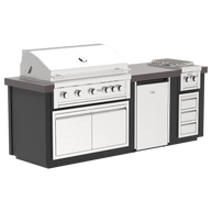 Outdoor kitchen island with grill, refrigerator, side burner with drawers and cabinets on a white background